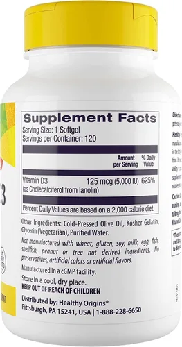 Vista 2 de Healthy Origins Vitamina D3 5,000 UI (sin OMG, alta potencia, apoyo óseo, apoyo inmunológico, sin gluten), 120 cápsulas blandas