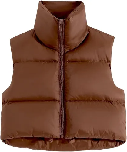 Vista 2 de Cegerne Chaleco corto de invierno para mujer, ligero, sin mangas, cálido, con cuello alto, con cremallera, chaleco acolchado