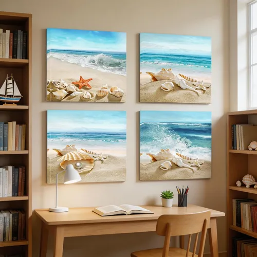 Vista 2 de Sandy Beach Shells - Lienzo con diseño de estrellas de mar y conchas de playa, arte de pared moderno, enmarcado para decoración de oficina en casa