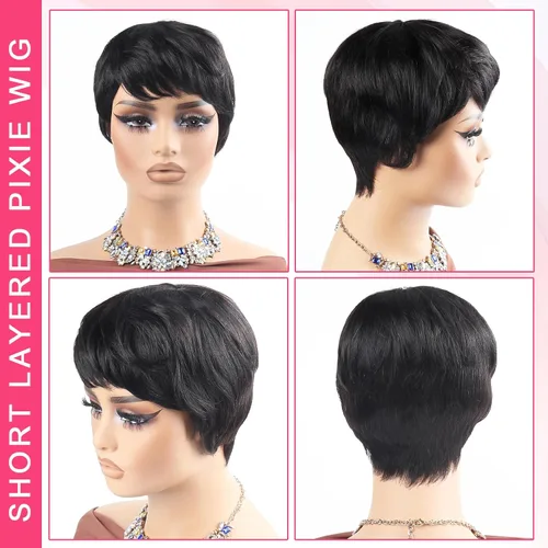 Vista 4 de Peluca de cabello humano con corte Pixie para mujeres negras, 100% cabello humano real, peluca corta y recta sin pegamento con flequillo, hecha a