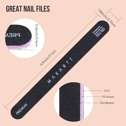 Vista 6 de Makartt Lima de uñas, tablas de esmeril de grano 100/180 para uñas, kit profesional de limas de doble cara lavables para lima de uñas media y suave