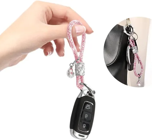 Vista 7 de Jawmoy Paquete de 1 llavero brillante para automóvil, accesorios de llavero de diamantes de imitación, llavero de cristal de metal (rosa)