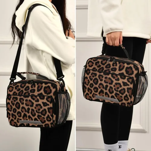 Vista 5 de Fiambrera aislada, suave, bolsa de almuerzo con estampado de leopardo para oficina, trabajo, escuela, picnic, playa