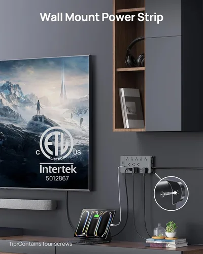 Vista 6 de TROND - Alargador de corriente con enchufe plano giratorio 360°, protector contra sobretensiones, 13 tomas amplias con 3 puertos USB C, 4000 J
