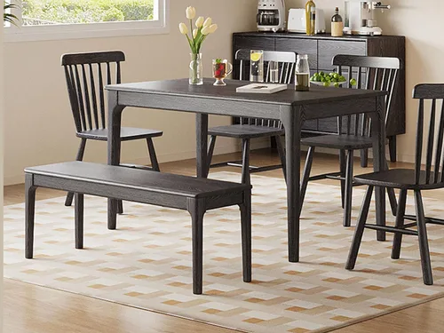 Vista 2 de Banco de comedor, banco de madera de roble macizo, mesa de comedor para interiores, hogar, dormitorio, extremo de cama, restaurante, muebles Negro