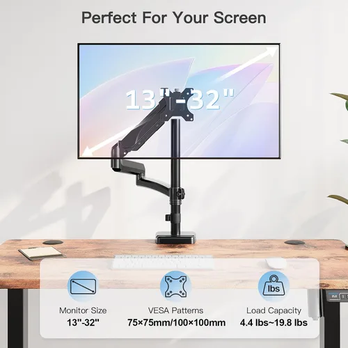 Vista 3 de MOUNTUP Brazo de monitor extra largo de 27 pulgadas, soporte de escritorio individual para 22-32 pulgadas, soporte alto para monitor con capacidad