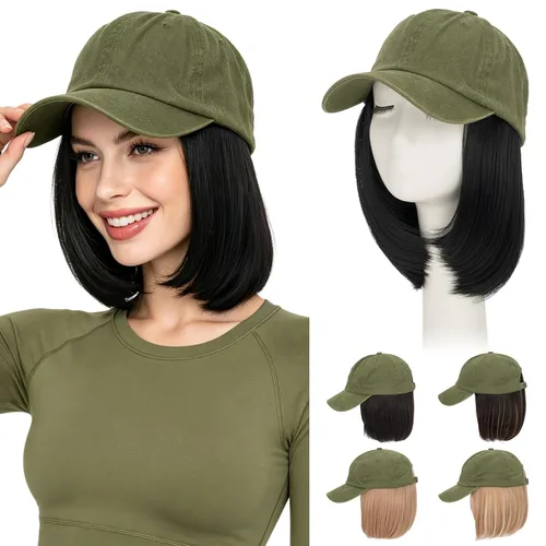 Vista 21 de Hairro Peluca de gorra de béisbol con cabello adjunto, corto estilo Bob ajustable, extensiones de cabello sintético para mujeres, balayage