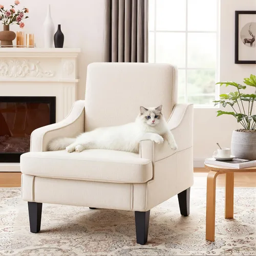 Vista 5 de Silla decorativa para sala de estar, sillón de mediados de siglo, sillas de sala de estar, silla de lectura tapizada para dormitorio, sofá Beige