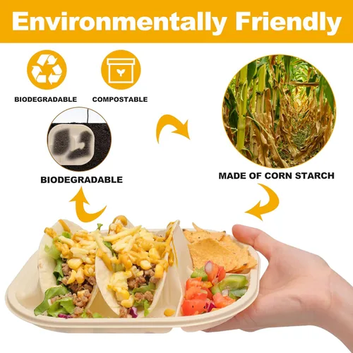 Vista 4 de Platos pequeños desechables para tacos con lados para mojar - Paquete de 100, porta tacos de almidón de maíz biodegradable, tamaño mini
