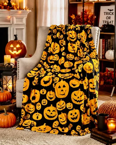 Vista 15 de Manta de forro polar de Halloween, murciélagos negros sobre fondo naranja, 50 x 70 pulgadas Ultra-soft cozy flannel fleece, for sofa couch bed