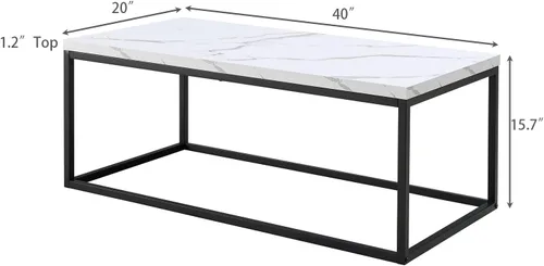 Vista 2 de CENSI - Mesa de centro de mármol blanco de 40 pulgadas, tamaño mediano Mesa de cóctel rectangular industrial de 1.2 pulgadas extra gruesa, patas