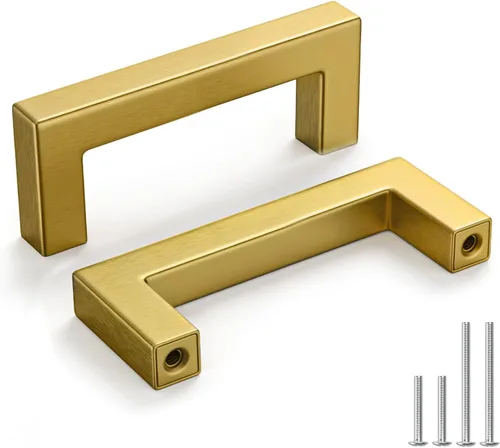 Vista 14 de Homdiy Paquete de 30 tiradores de bronce cepillado dorado de 3- 1/2 pulgada, cuadrados, herrajes para gabinete de cocina, armarios; 3- 1/2 pulgadas