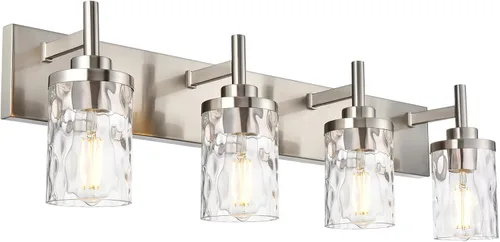 Vista 7 de Lámparas de tocador de baño, 3 luces, luces de tocador de baño de níquel cepillado con pantalla martillada transparente, iluminación moderna de baño