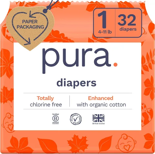 Vista 8 de Pura Pañales para bebé recién nacido con piel sensible, paquete de prueba, talla 1 (4–11 lbs), totalmente libre de cloro, indicador de humedad