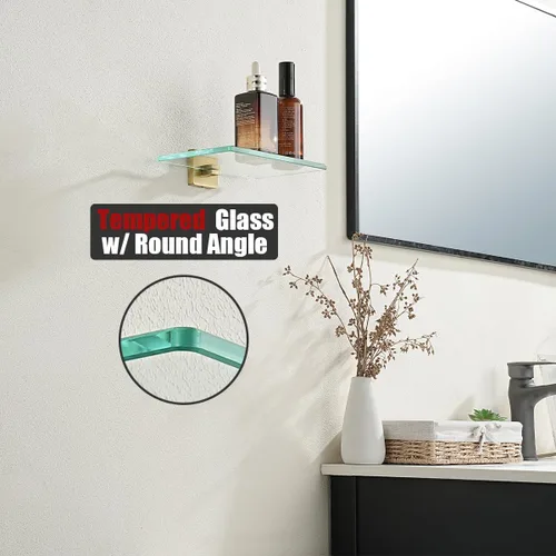 Vista 6 de JQK Estante de baño de vidrio dorado, vidrio templado para almacenamiento en la ducha de 8 por 5 pulgadas, acero inoxidable 304 dorado cepillado
