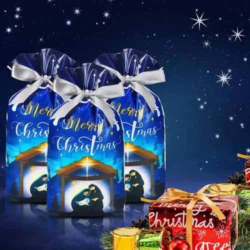 Vista 4 de Funrous 50 piezas de bolsas de regalo de Natividad - Bolsas de Navidad con cordón de plástico con lazos para regalos religiosos, Navidad, presentes