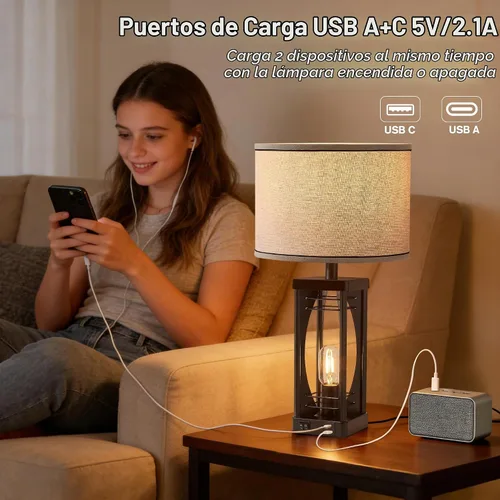 Vista 3 de SRJJA Juego de 2 lámparas de mesa de granja para sala de estar, lámparas rústicas de mesita de noche con puertos de carga USB A+C, lámpara de noche