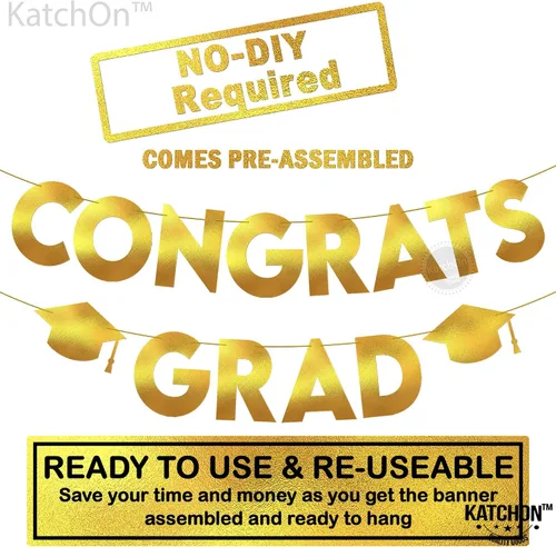 Vista 2 de KatchOn, Banner de graduación de felicitaciones doradas y negras con purpurina, 10 pies, pancarta de graduación dorada y negra, guirnalda de gorra