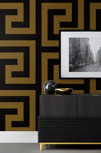 Vista 6 de NextWall Laberinto Geo - Papel tapiz autoadhesivo (ébano y dorado)