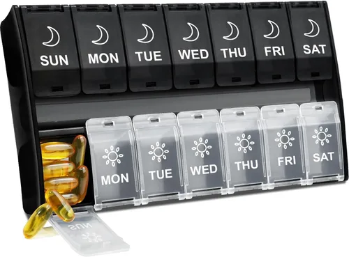 Vista 9 de Organizador de pastillas grande 2 veces al día (negro) 7 Day AM/PM Pill Box, Hinged Lids & Secure Lock, Big Pill Box Holder Twice a Day, For