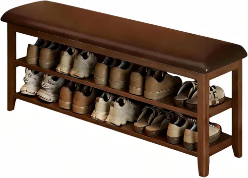 Vista 9 de Banco de almacenamiento de zapatos de madera con cojín de cuero, marrón oscuro, 39.4 pulgadas Rustic Solid Wood Entryway Bench, Shoe Rack Bench