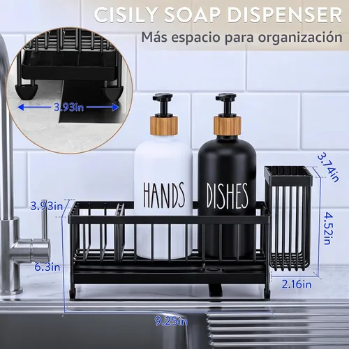Vista 2 de Cisily Juego de dispensador de jabón de cocina con organizador para fregadero, botella de vidrio, dispensador de jabón para manos y platos