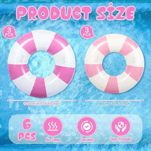 Vista 2 de 6 flotadores de piscina a rayas rosas y blancas para adultos, anillo de natación grande inflable con asas de 47.24 pulgadas, 35.43 pulgadas, tubos