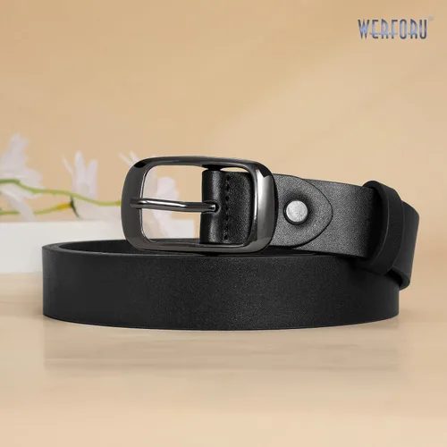 Vista 4 de WERFORU Cinturón de cuero negro para mujer, hebilla pulida de talla grande para pantalones vaqueros