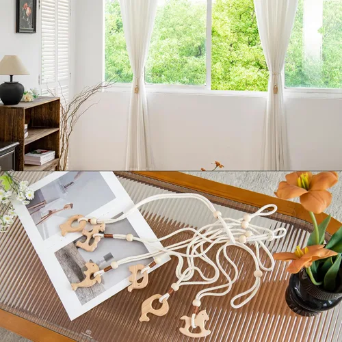 Vista 6 de Abrazaderas de madera para cortinas de animales, cuerdas de algodón, para tratamiento de ventanas con cuentas de madera natural para decoración