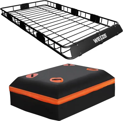 Vista 8 de WEIZE Portaequipajes de techo resistente de 54" x 34", cesta de carga para techo con bolsa impermeable, correa de sujeción, red, extensión