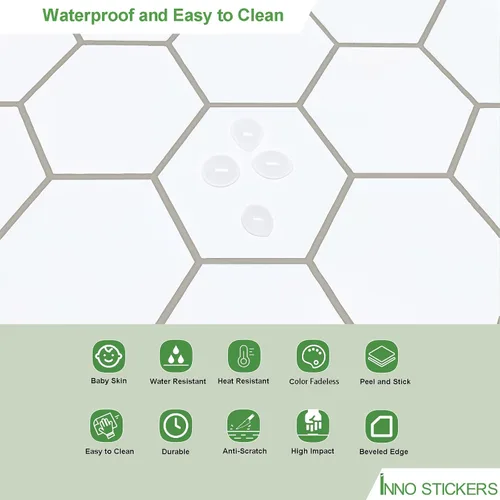 Vista 3 de Protector contra salpicaduras de 10 hojas hexagonales para despegar y pegar, 11.42" x 11.42" mosaico de mármol autoadhesivo de panal blanco