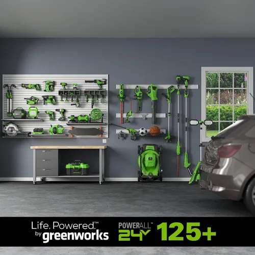 Vista 7 de Greenworks - Cortacésped inalámbrico de 24 V y 13 pulgadas (2 en 1), batería USB de 4.0 Ah (multipuerto USB) y cargador MO24B410 incluido
