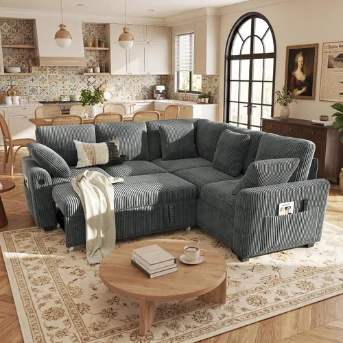 Vista 29 de Hanherry - Sofá seccional con sofá cama extraíble, sofá cama de chenilla con 2 asientos de almacenamiento y carga USB, cómodos sofás modulares