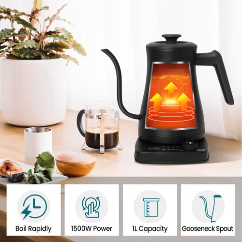 Vista 4 de Hervidor eléctrico de cuello de cisne con control de temperatura, 1 L, 8 ajustes preestablecidos variables, hervidor de café, calentamiento rápido