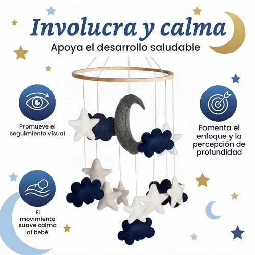 Vista 6 de Móvil para bebés - Luna azul, estrellas y nubes para cuna