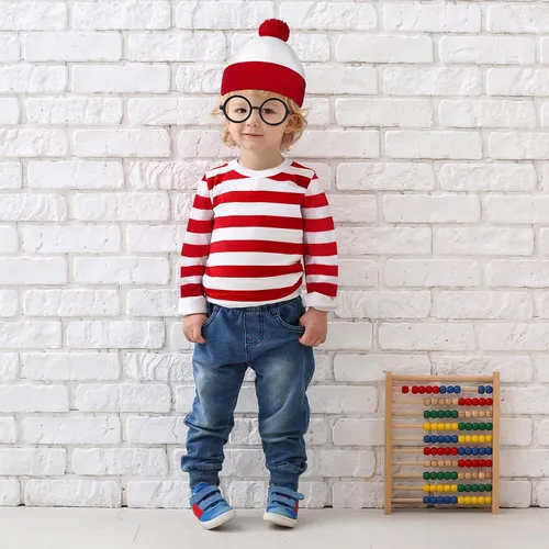 Vista 6 de URATOT Conjunto de disfraz de Halloween para niños, camiseta a rayas rojas y blancas, gorro, gafas de nerd