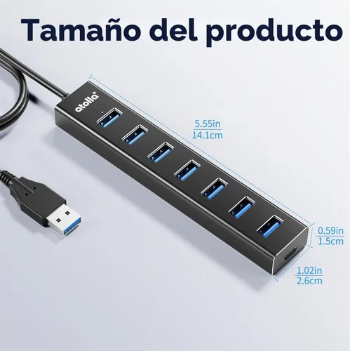 Vista 7 de atolla Hub USB 3.0 de aluminio de 7 puertos con cable de extensión de 3.3 ft, transferencia de datos de alta velocidad de 5 Gbps para MacBook Pro