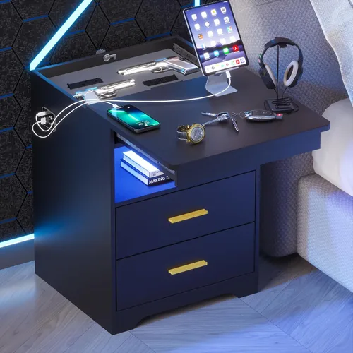Vista 8 de 2 Set LED Nightstand with Charger Station & Gun Drawer & Auto Sensor, Black Negro juego de 2