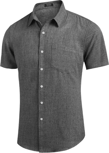 Vista 3 de COOFANDY - Camisa de lino de manga corta con botones estilo informal para hombre, ideal para la playa