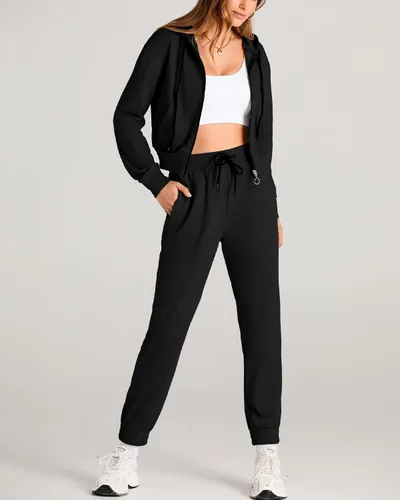 Vista 3 de Amkoyam Conjunto de dos piezas para mujer, de manga larga, con cremallera, sudadera con capucha y pantalones largos