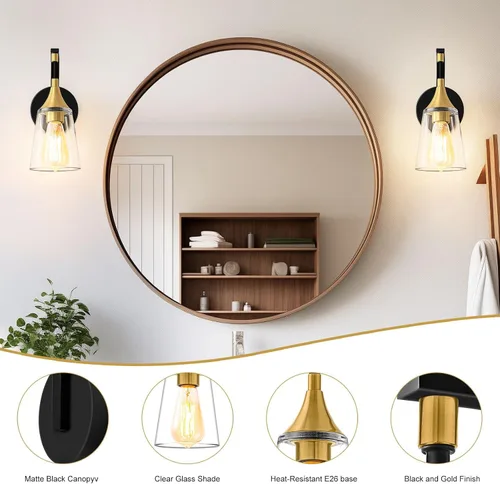 Vista 2 de Lámpara de pared de baño de 1 luz, lámpara de pared negra y dorada con pantalla de vidrio transparente, lámpara de pared moderna para interiores