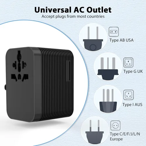Vista 5 de Adaptador de viaje mundial con 5 puertos (1 AC/2 USB-A/2 USB-C), enchufe de alimentación universal, protección contra sobretensiones de fusibles