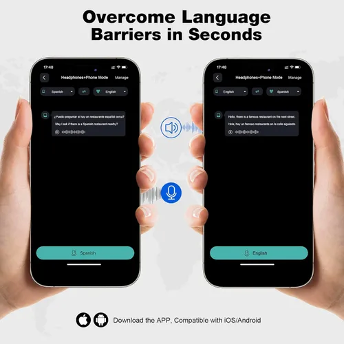 Vista 6 de IAMJOY Auriculares de Traducción de Idiomas, Dispositivo Traductor Bidireccional de 163 Idiomas y Acentos Integrado con 6 Micrófonos, Auriculares