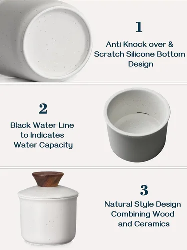Vista 5 de DOWAN Mantequillera francesa para encimera, plato de mantequilla de cerámica con línea de agua, recipiente de mantequilla de porcelana