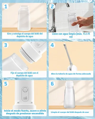 Vista 7 de Bidé portátil para viajes con botella de 13.5 fl oz, 3 modos de presión