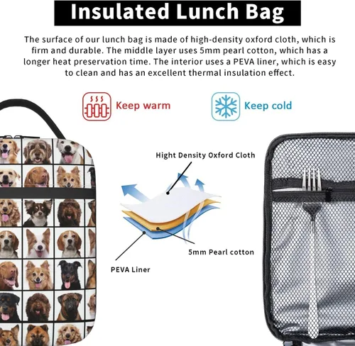 Vista 6 de Bolsa de almuerzo con diseño de animales para perros, con aislamiento, portátil, reutilizable, con cremallera, para picnic diario, trabajo, oficina