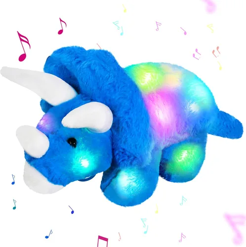 Vista 8 de Glow Guards Peluche de dinosaurio Triceratops de 12 pulgadas, juguete de peluche de dinosaurio suave con luces nocturnas mágicas y canción de cuna