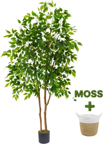 Vista 14 de Warmplants Árbol de ficus artificial, árbol de ficus falso de 4 pies de alto con canasta, planta sintética para interiores y exteriores, hogar, sala