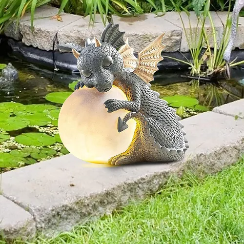 Vista 6 de G Ganen Estatua de dragón de jardín, esculturas de dinosaurio de resina para exteriores, bonitas figuras de dragón de jardín con luces LED
