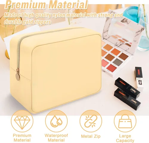Vista 4 de Iqimott Bolsa Grande de Maquillaje de Nylon, Neceser de Viaje, Bolsa Grande de Cosméticos Preppy, Organizador de Maquillaje de Nylon, Bolsa de Beige